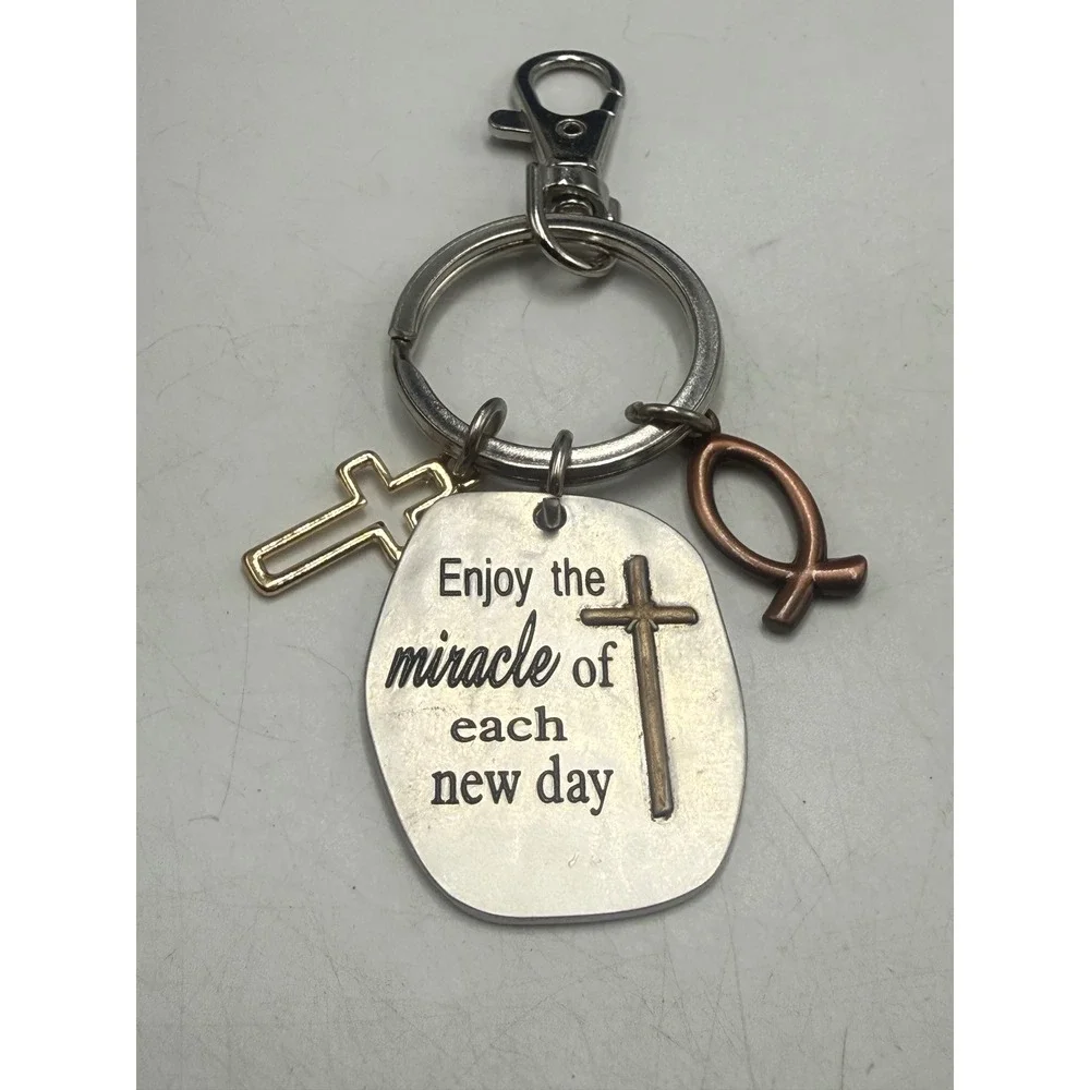 Religious Mixed Metal Keychain Enjoy the Miracle Each New Day Cross Fish Charms